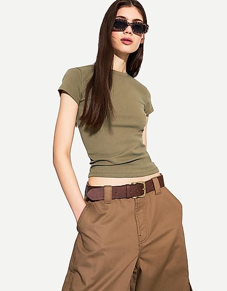 Bershka T-Shirt Rundausschnitt Damen Xs Khaki günstig online kaufen