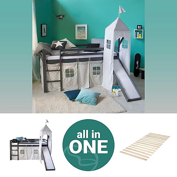 Homestyle4u Kinderhochbett 90x200 Grau mit Lattenrost Rutsche 2780 günstig online kaufen