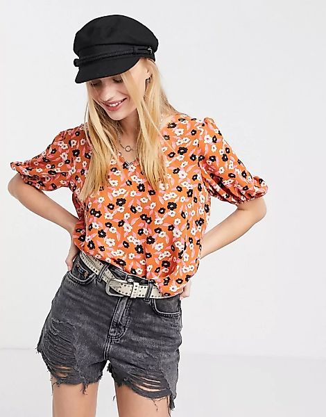 Only – Orange Bluse mit Puffärmeln und Blumen-Print-Mehrfarbig günstig online kaufen