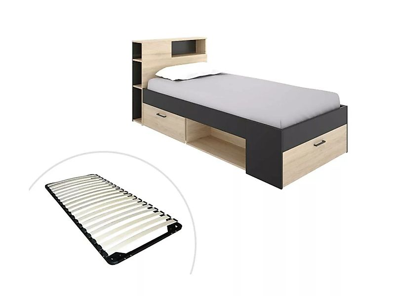 Bett mit Kopfteil, Stauraum & Schublade - 90 x 190 cm + Lattenrost - Anthra günstig online kaufen