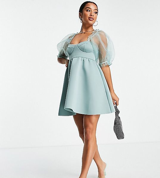 ASOS DESIGN Petite – Babydoll-Kleid in Blaugrün mit Organza-Puffärmeln günstig online kaufen