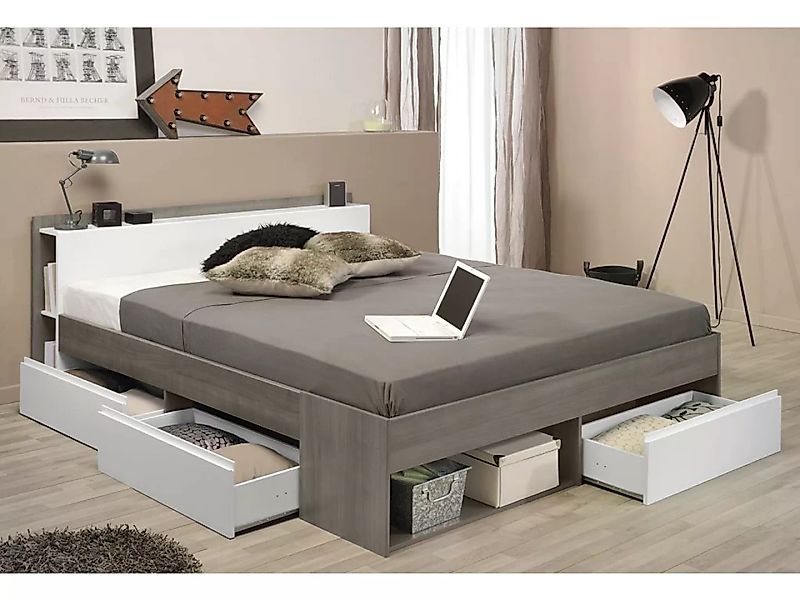 Bett mit Stauraum + Lattenrost + Matratze - 160 x 200 cm - Taupe & Weiß - D günstig online kaufen