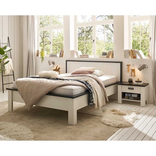 Modernes Landhaus Bett in Pinie Weiß und Anthrazit 90x200 und 140x200 günstig online kaufen