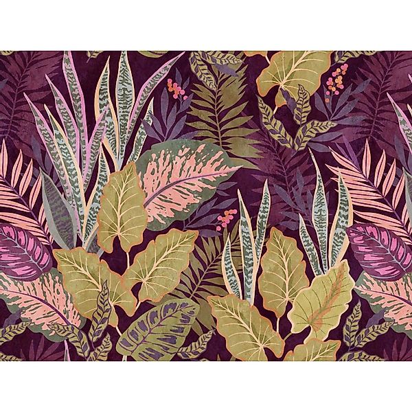 Bricoflor Digitaldruck Tapete Mit Blättern Lila Grün Tropical Vliestapete M günstig online kaufen