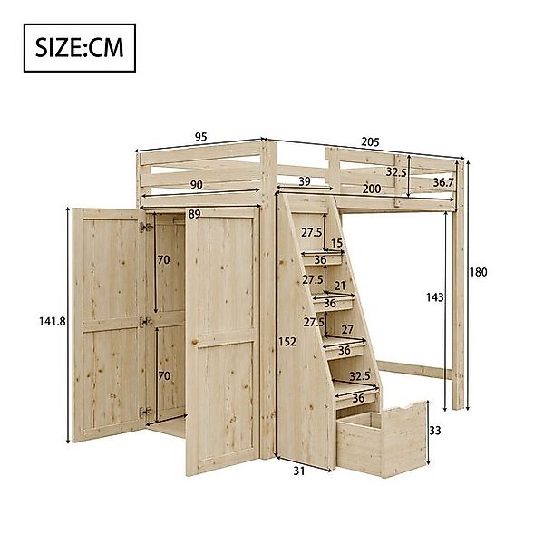 Flieks Hochbett Kinderbett Einzelbett 90x200cm mit Stauraum-Treppe und Klei günstig online kaufen