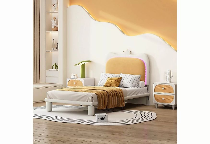 Flieks Polsterbett, LED Beleuchtung Kinderbett Einzelbett mit Krone am Kopf günstig online kaufen