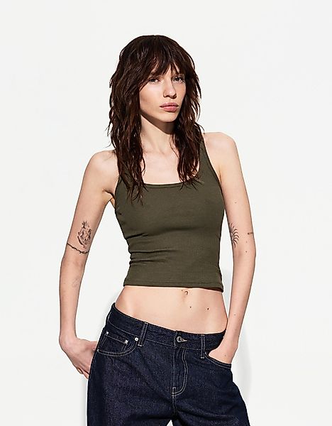 Bershka Ärmelloses Shirt Mit Patentmuster Damen S Khaki günstig online kaufen