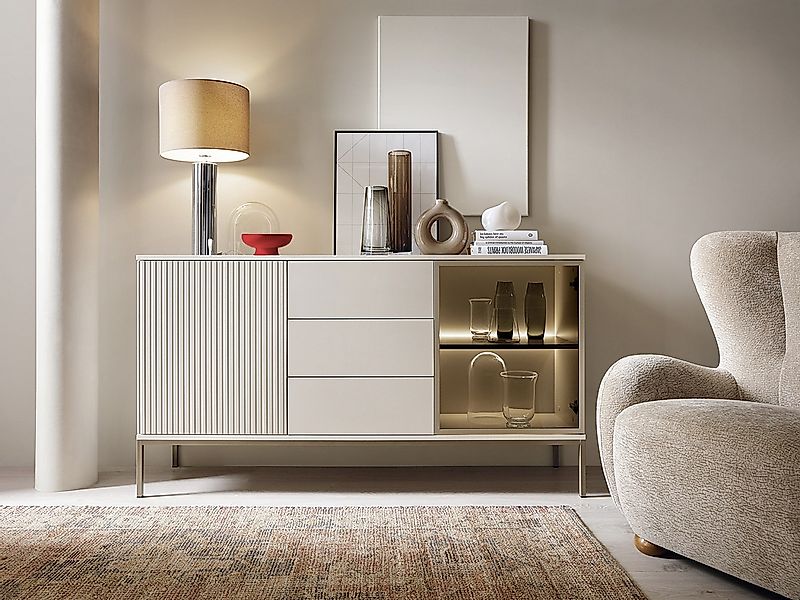 Vitrinenschrank - 2 Türen & 3 Schubladen - mit LED-Beleuchtung - MDF & Rauc günstig online kaufen