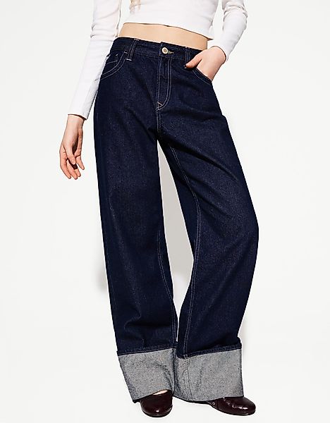 Bershka Wide-Leg-90'S-Jeans Mit Umgeschlagenem Saum Damen 38 Marinenblau günstig online kaufen