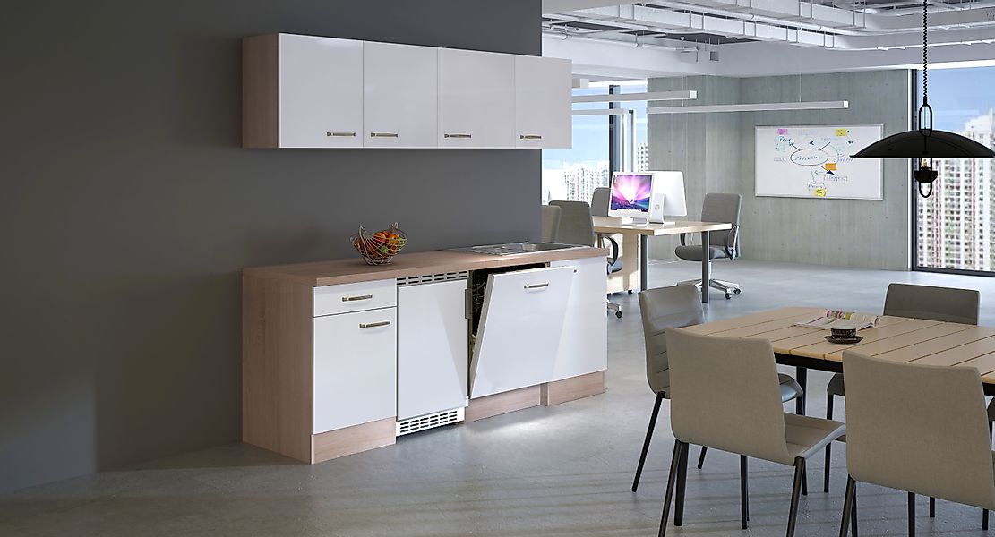 Flex-Well Exclusiv Büroküche Valero 210 cm Hochglanz Weiß-Sonoma Eiche günstig online kaufen