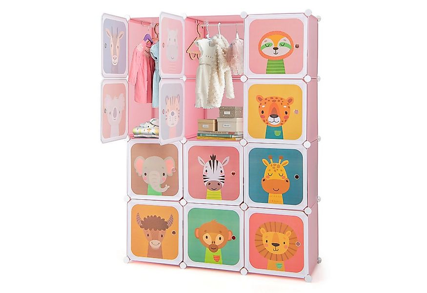 COSTWAY Kinderkleiderschrank mit 2 Kleiderstängen und 12 Würfeln, erweiterb günstig online kaufen