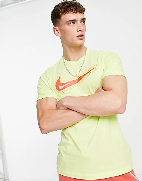 Nike – T-Shirt in Limettengrün mit rotem Swoosh-Logo günstig online kaufen