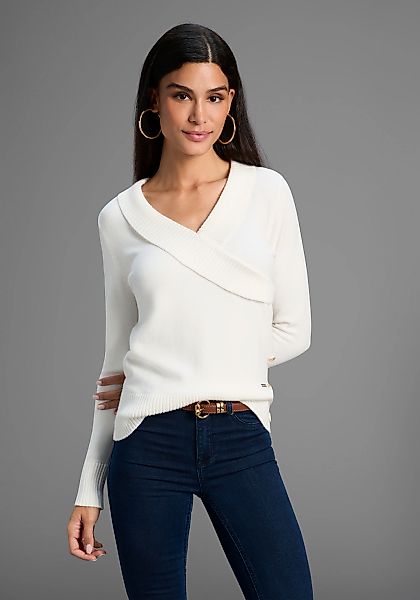 Bruno Banani Schalkragenpullover, Wickel-Optik mit Zierknöpfen - NEUE KOLLE günstig online kaufen