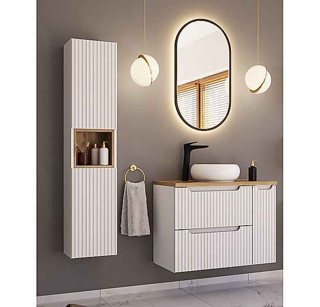 Lomadox Badmöbel-Set NEWPORT-56-WHITE, (Spar-Set, 3-St., Hochschrank LED-Sp günstig online kaufen