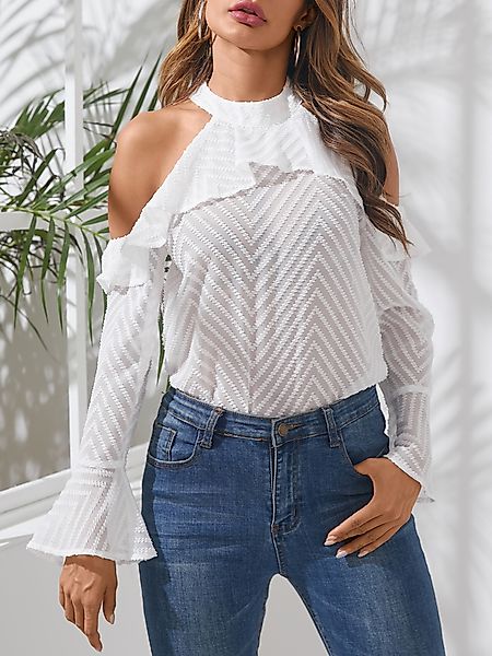 YOINS Weiße Bluse mit Rüschenbesatz und kalter Schulter-Glockenärmeln günstig online kaufen