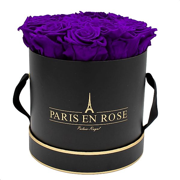 Rosenbox Ø 19 cm Schwarz- Gold mit 14 Violette Rosen günstig online kaufen