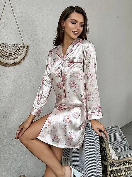 Elegant Love Nachthemd Damen Morgenmantel aus Satin – Elegant mit Blumenmus günstig online kaufen