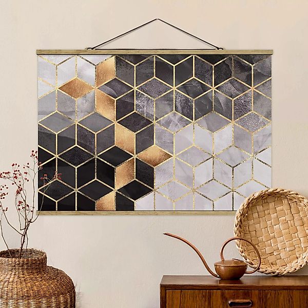 Stoffbild Abstrakt mit Posterleisten - Querformat Schwarz Weiß goldene Geom günstig online kaufen