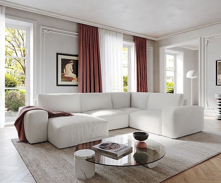 Wohnlandschaft Lanzo 300x210 cm Bouclé Creme-Weiß Recamiere variabel günstig online kaufen