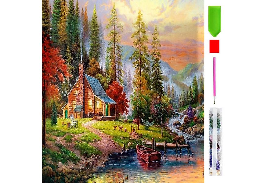 Realb2b Malen nach Zahlen 5D Diamond Painting Set „Haus im Wald mit See“ 20 günstig online kaufen