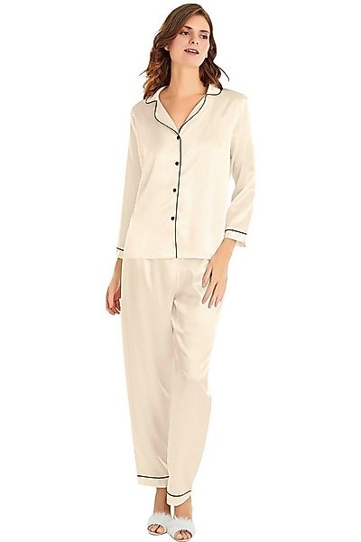 Pyjamahose Damen 2-teiliges Satin-Pyjama-Set mit Zierborte günstig online kaufen