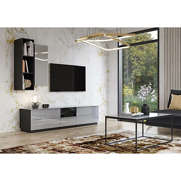Anbauwand Wohnzimmer grau HOOVER-83 modern mit Glasfronten und Beleuchtung, günstig online kaufen