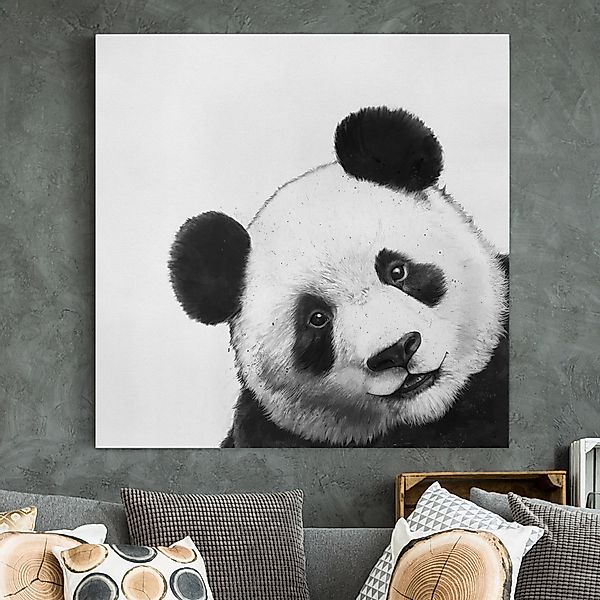 Leinwandbild - Quadrat Illustration Panda Schwarz Weiß Malerei günstig online kaufen