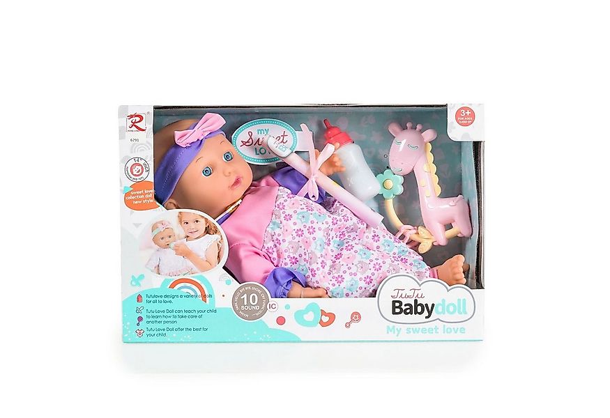 Moni Anziehpuppe Kinderpuppe 36 cm spricht, macht Geräusche Flasche Rassel günstig online kaufen