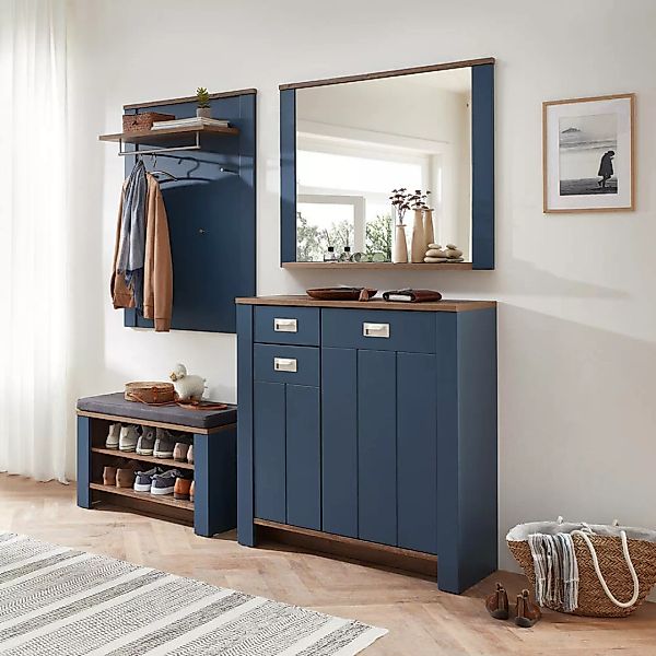 Garderoben Set mit Schuhbank und Spiegel, blau im Landhausstil mit Eiche, D günstig online kaufen