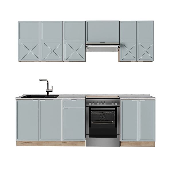 Vicco Fame-Line Komplettküche Hellblau-grau/Goldkraft Eiche 240 cm AP Marmo günstig online kaufen