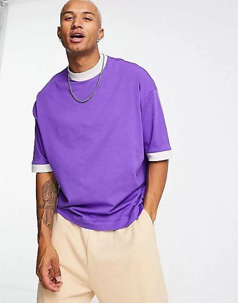 ASOS – Oversized-T-Shirt in Lila mit farblich abgesetzten Bündchen in Grau- günstig online kaufen