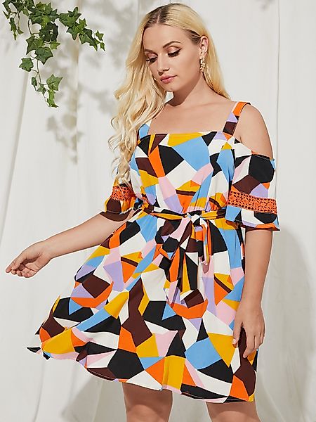 YOINS Plus Größe Cold Shoulder Color Block Gürtel Design Midi Kleid günstig online kaufen