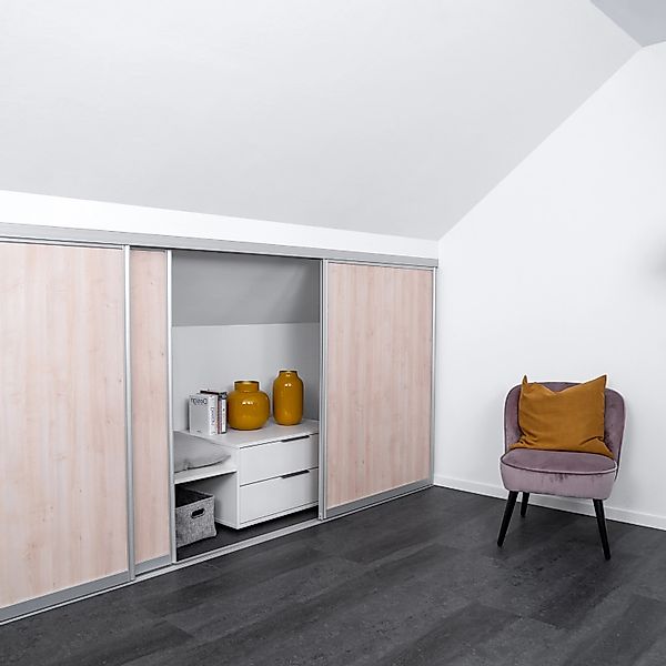 Schiebetür-Bau-Set Kniestock Profil Silber Dekor Ahorn Natur 1022 x 1400 mm günstig online kaufen