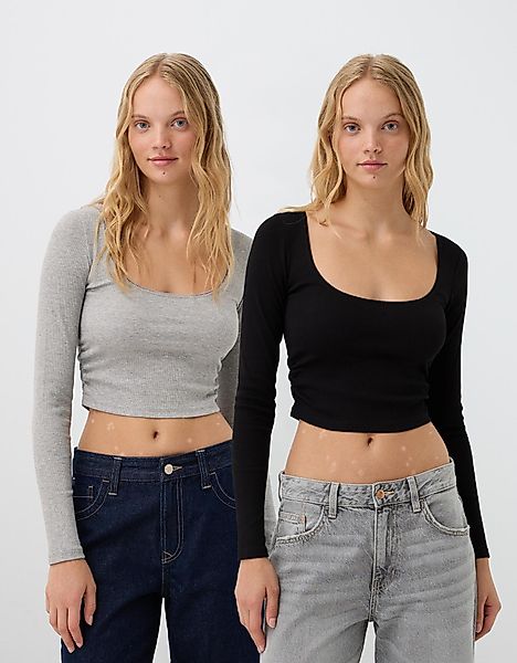 Bershka 2er-Pack Langarmshirts Mit Langen Ärmeln Und Topfkragen Damen L Kom günstig online kaufen