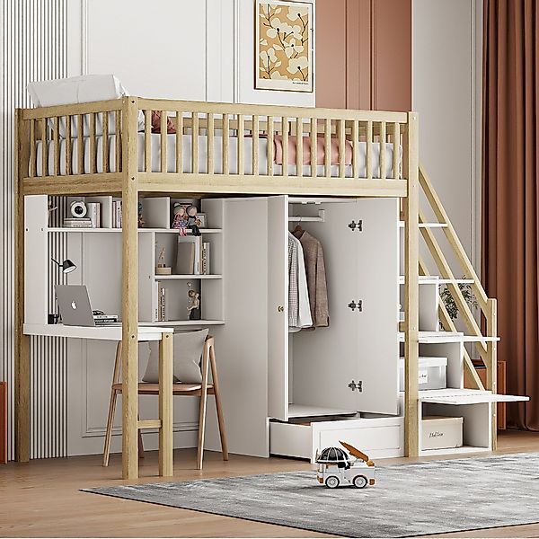 REDOM Kinderbett mit großem Kleiderschrank Regal und Tisch (Hochbett 90x200 günstig online kaufen