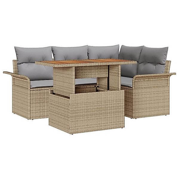 vidaXL Loungesofa 5-teiliges Garten-Esszimmerset mit Kissen Beige Poly Ratt günstig online kaufen