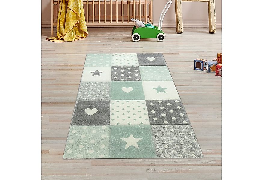 TeppichHome24 Kinderteppich Kinderteppich Herz Stern Punkte Design grün gra günstig online kaufen
