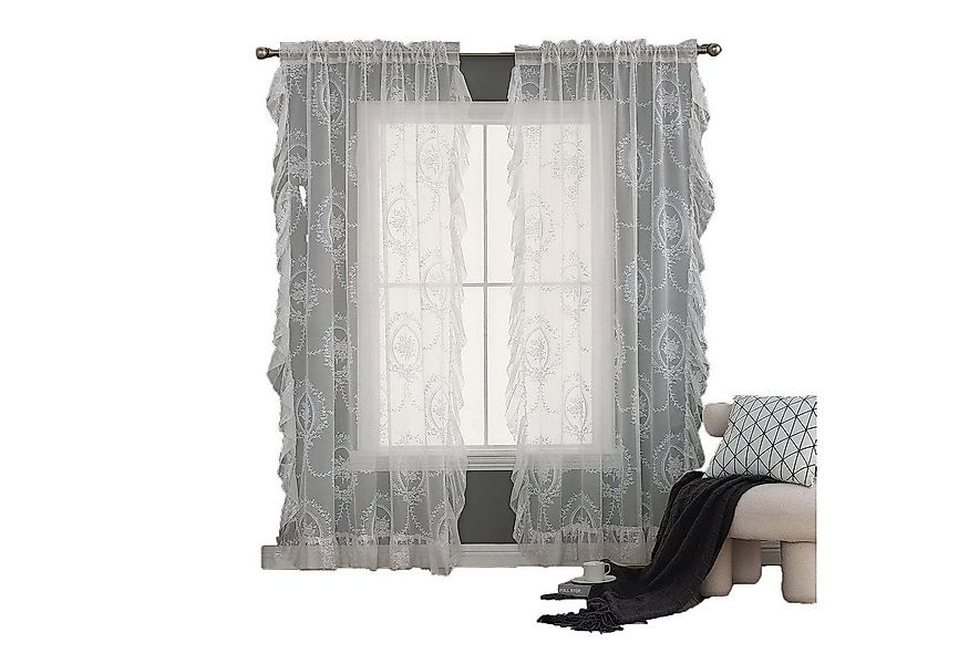 Coonoor Gardine Spitzenvorhänge, Vintage Blumenstickerei Vorhang mit Rüsche günstig online kaufen