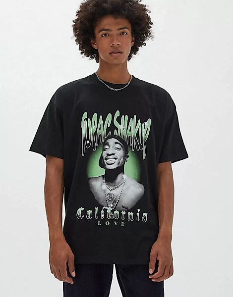 Pull&Bear – T-Shirt in Schwarz mit Tupac-Print günstig online kaufen