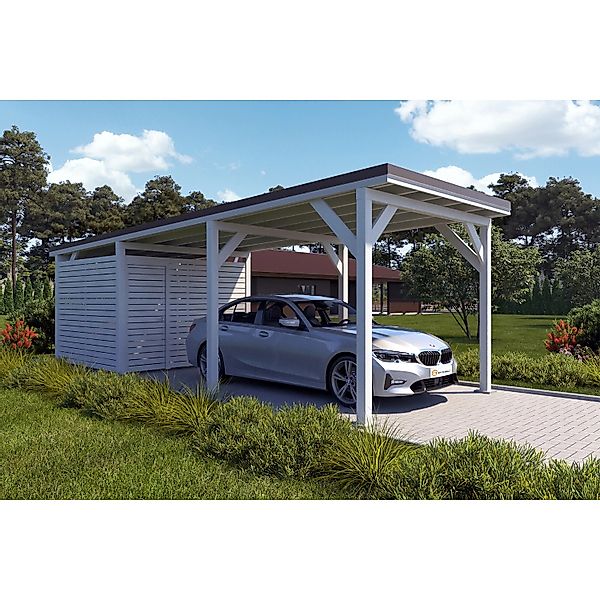 Holzbrüder Carport Ralf 26m² mit Geräteraum Reinweiß-Dunkelbraun günstig online kaufen