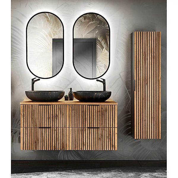 Badezimmer Set mit Hochschrank, Doppelwaschtisch mit Regal 141 cm XANTEN-56 günstig online kaufen