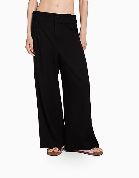 Bershka Wide-Leg-Hose Mit Gerafftem Bund Damen L Schwarz günstig online kaufen