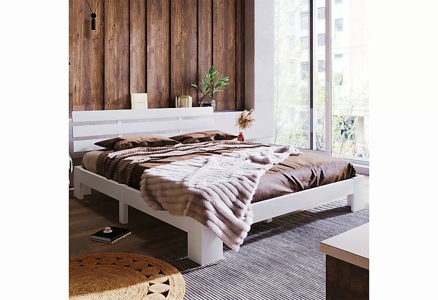 Fangqi Holzbett 140 x 200cm Massivholzbett,Doppelbett mit Kopfteil und Latt günstig online kaufen