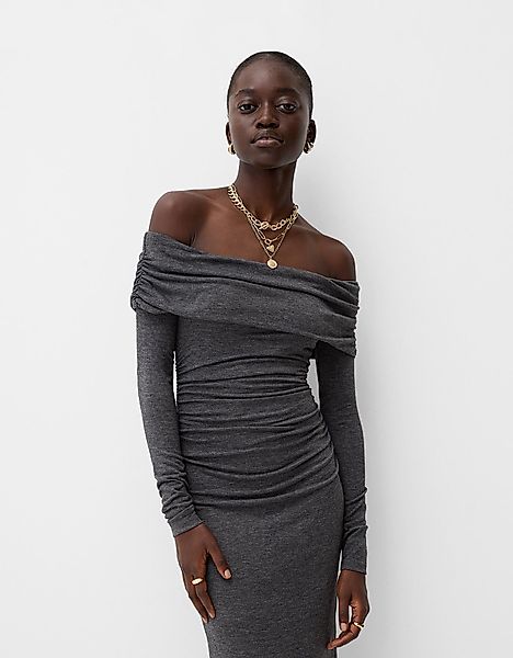 Bershka Midikleid Mit Carmen-Ausschnitt Damen M Grau günstig online kaufen