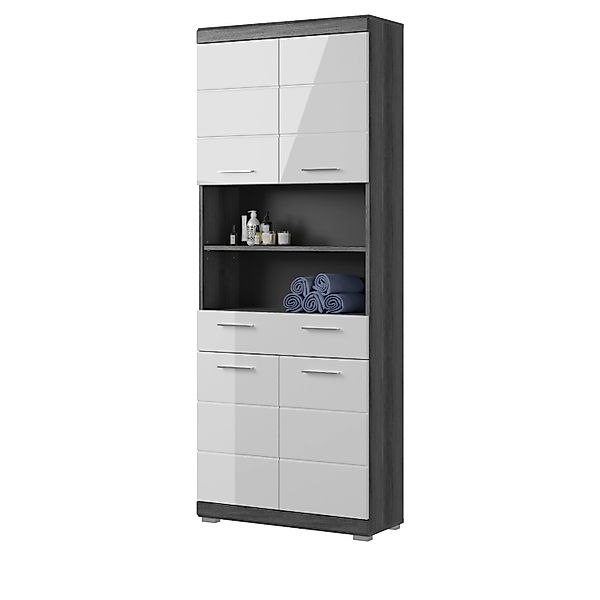 Inn.Furn Hochschrank Weiß Hochglanz Grau 74 x 191 cm 6 Fächer Shawn günstig online kaufen