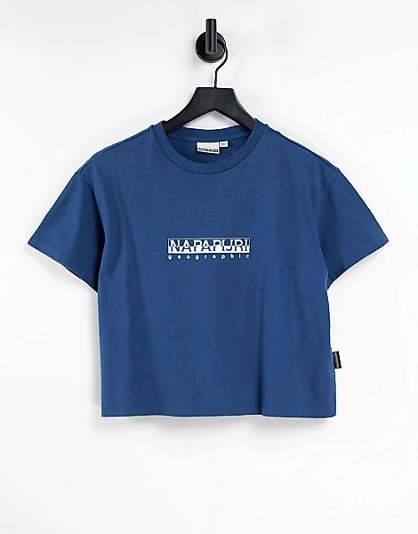 Napapijri – Kurz geschnittenes T-Shirt in Marineblau mit Box-Logo günstig online kaufen