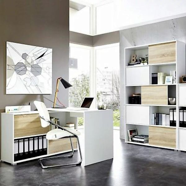 Lomadox Büromöbel Set 2-teilig MANHATTEN-01 Weiß, Sonoma-Eiche-Nb. weiß günstig online kaufen