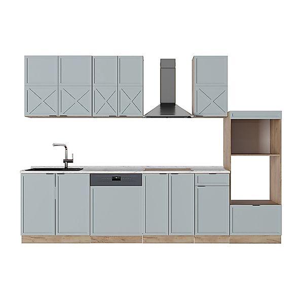 Vicco Fame-Line Küchenzeile Hellblau-grau/Goldkraft Eiche 300 cm mit Hochsc günstig online kaufen