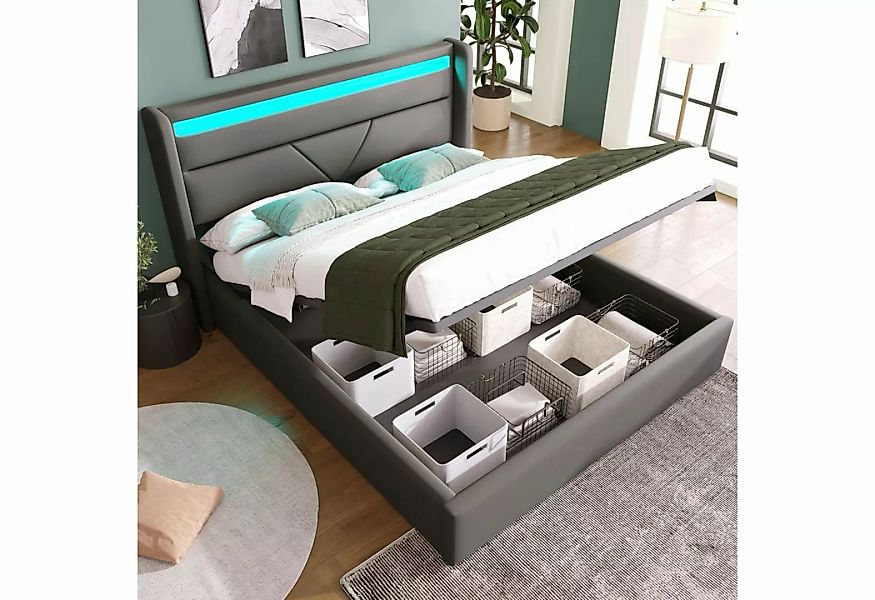 WISHDOR Polsterbett Doppelbett Bett mit LED Beleuchtungsleiste (140x200cm, günstig online kaufen