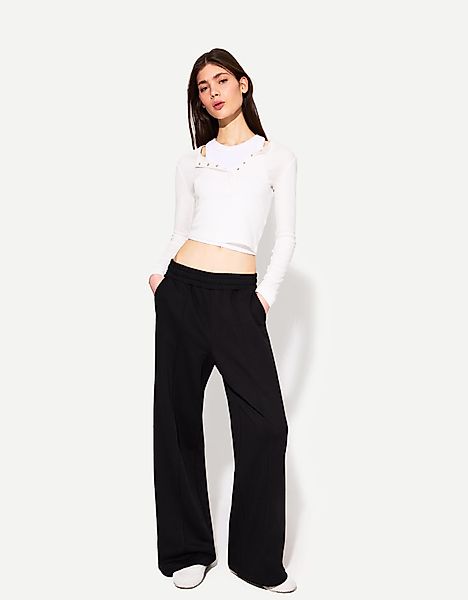 Bershka Wide Leg Hose Aus Plüsch Damen S Schwarz günstig online kaufen